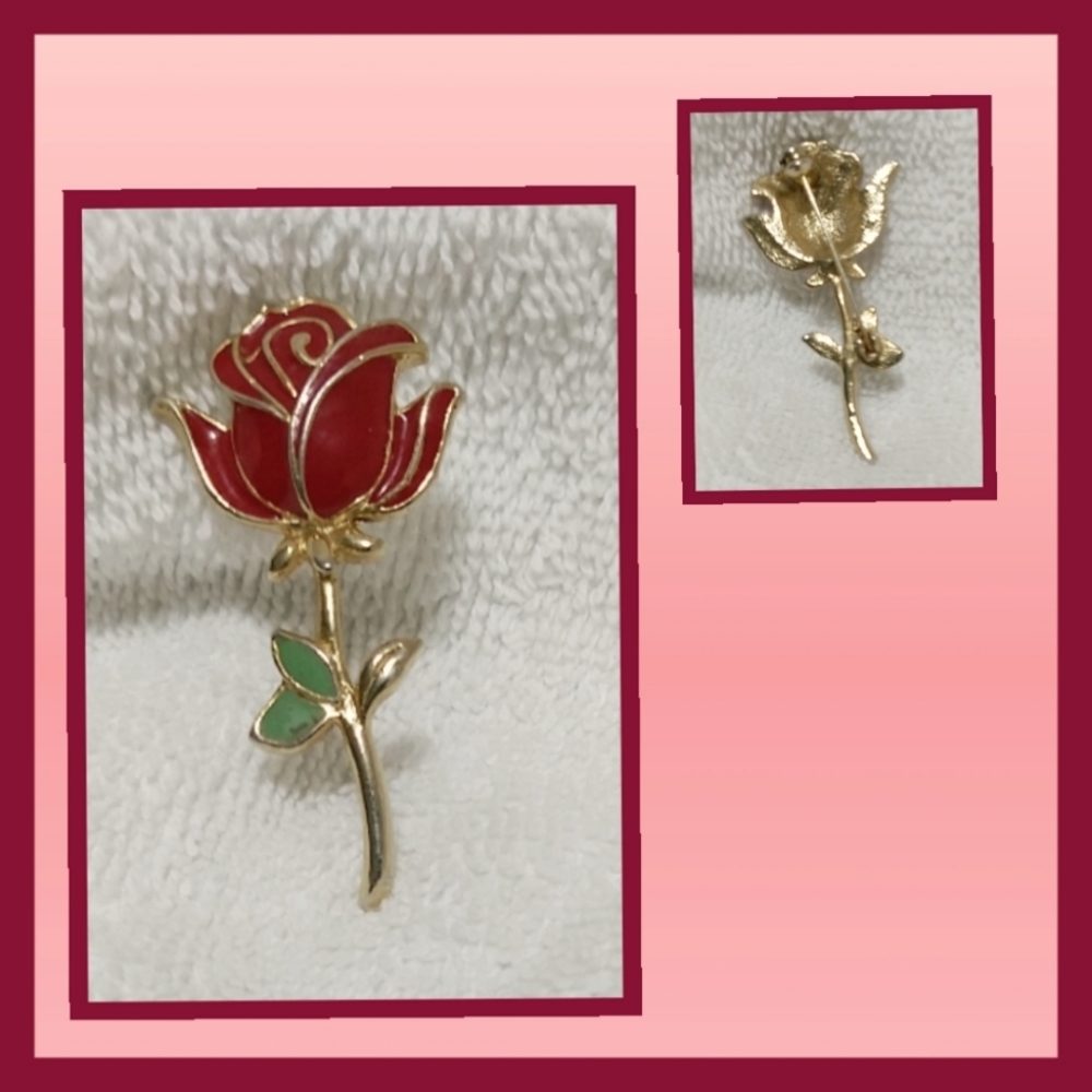 Vintage Rose Red & Green Enamel  Gold Tone Pin
